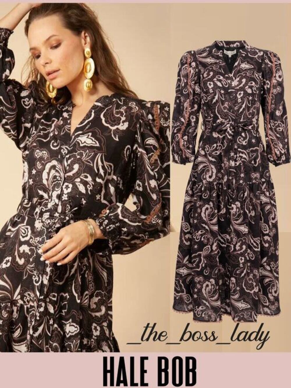 Hale Bob linen dress midi belted floral print embroidered trim Medium